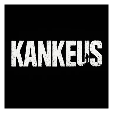 KankeuS logo in a style inspired by the DayZ video game font, bold, distressed, survival-themed, white text on black background, gritty and intense sticker