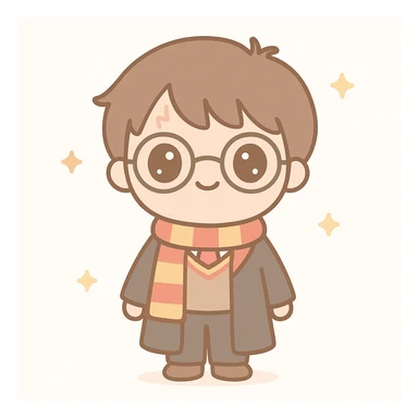 full body cute Harry Potter with big eyes, traditional Gryffindor uniform, standing, friendly expression, inspired by provided references sticker