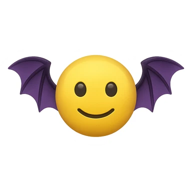 yellow face with purple bat wings, digital illustration, emoji style, no background sticker