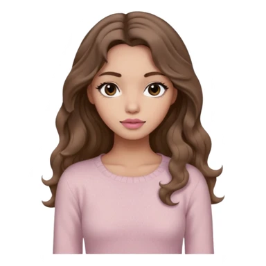 a woman with beige knit long sleeve top, her hair is long wavy brown hair, her face is soft girl style, her eyes color are black and the color of her lip is soft pink sticker