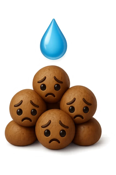 emoji stile iphone di una montagnetta di feci umane realistiche a palline tristi con sopra un simbolo delle gocce di acqua, iperrealistico 4k sticker
