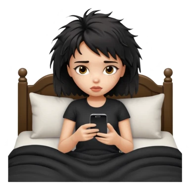 generate a pretty bratz girl with short black messy bed hair, looking tired and using her phone sticker
