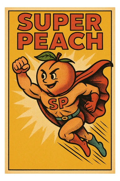 super peach, flying, cape, dynamic, comic book style sticker