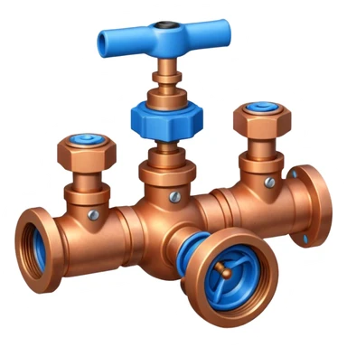 3D icon of connected copper pipes with a blue valve in the center, professional Pixar-like style, plumbing-focused, slightly shiny metallic textures, white background



 sticker
