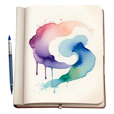 Cinematic Realistic image of an open sketchbook accompanied by a set of translucent watercolors, with delicate pigment stains and soft, flowing brushstrokes, captured under gentle, diffused lighting that highlights creative fluidity sticker