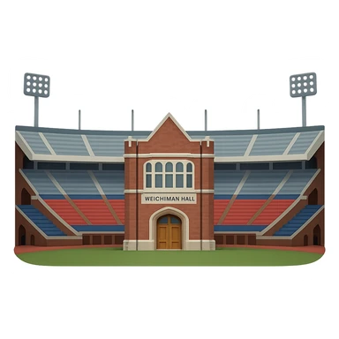 Change the angle of the emoji of Franklin Field at the University of Pennsylvania so that it is looking at the front of Weightman Hall with the huge stadium surrounding it. Use Weightman Hall as the detailed reference for the building facade. Maintain realistic, lifelike detail, accurate colors, bright lighting, and a transparent background. sticker