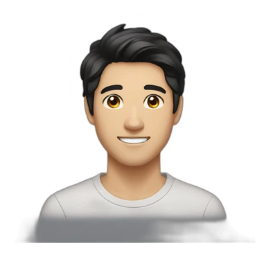 guy, black hair, medium length hair, in his 20s, very asian, smiling, t-shirt only, slight brown skin, dark brown eyes, slighty wavy hair sticker