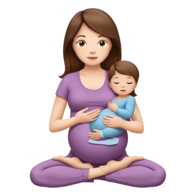 "Pregnant woman sitting in a yoga pose with long brown hair and fair skin, holding a newborn baby with short brown hair and fair skin." sticker