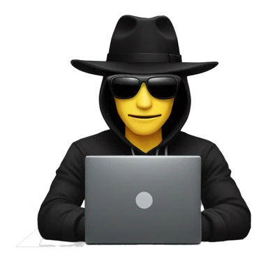 black hat hacker with black sunglasses behind a computer sticker