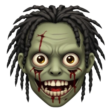 zombie with brown skin, messy black dreads hair, wide centered brown eyes, dark bloody marks under the eyes, and a slightly open mouth showing crooked teeth grillz, giving a distressed, undead look. sticker