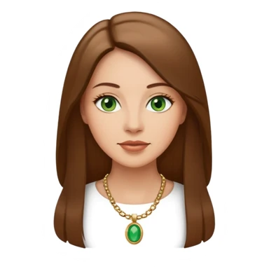 Adult woman avatar, light skin tone, oval face, straight long brown hair, green eyes, neutral mouth, elegant  sticker