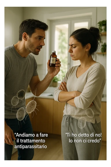 A highly realistic, cinematic photo of a young couple in their early 30s having an argument in a bright modern kitchen. The man, athletic build, wearing a casual T-shirt and jeans, is speaking firmly with a raised hand holding a small amber glass bottle labeled with a subtle herbal symbol, saying 'Andiamo a fare il trattamento antiparassitario' with a determined expression. The woman, with long dark hair tied in a messy bun, casual home outfit, crosses her arms with an angry, defensive expression, replying 'Ti ho detto di no! Io non ci credo!' while slightly turning away. Tension is visible in their body language, with the man leaning forward trying to explain and the woman leaning back, her eyebrows furrowed. Around them, subtle ghostly overlays of microscopic parasites are faintly visible near their abdominal areas, symbolizing the hidden reason for the argument. The kitchen is bright and modern with plants and natural light, contrasting the emotional tension. The style is hyperrealistic with warm tones and shallow depth of field focusing on their facial expressions, illustrating the conflict between belief in natural treatments and skepticism within the couple regarding hidden parasitic infections. in italiano sticker