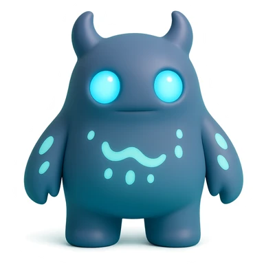 monster with glowing blue eyes and bioluminescent patterns on its body, dark background, toy-like sticker