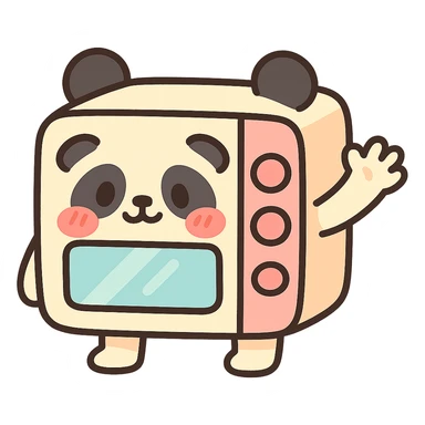 chibi-style microwave oven with panda features, blushing and waving, soft pastel palette, full-body sticker
