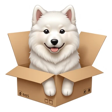  A very cute young Samoye  with one's head tilted to one side poked its paws out of the cardboard big box and placed them on top of it sticker