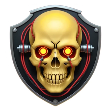 Cyberpunk shield, skull with cybernetic implants, glowing wires, dark yellow and red tones, no background sticker