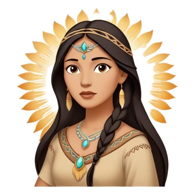 Cinematic Radiant Pocahontas Portrait Emoji, rendered in a vector-style with clean lines. Show Pocahontas with luminous, sun-kissed skin and flowing dark hair adorned with subtle natural ornaments, her expression calm and kind, dressed in simple traditional attire with earthy tones. The image glows softly with a warm, inviting radiance, enhanced by a soft glowing outline. sticker