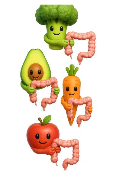 cibo sano fluttua in aria verticalmente stringendo piccoli colon umani, stile emoji iphone, iperrealistico 4k sticker