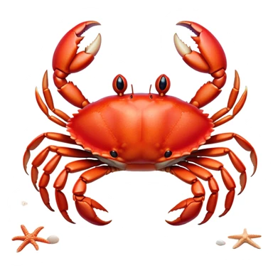 Cinematic Realistic Cute Crab Portrait Emoji, Head tilted playfully and inquisitively, featuring a compact, sturdy form with a glossy red shell uniquely forming an endearing face with bright, sparkling eyes, rendered with intricate natural textures and subtle coastal hues, high shine, affectionate and spirited, styled with a touch of seaside whimsy, soft glowing outline, capturing the essence of a mischievous yet lovable crab that seems ready to pinch playfully out of the screen into your arms! sticker