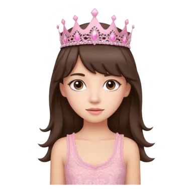 long haired brunette with curtain bangs cute pink lacy tank with a pink tiara on head, white but with a little bit of tan sticker