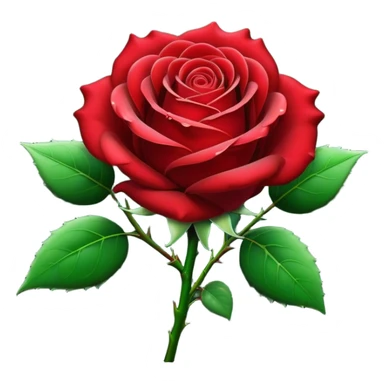 Cinematic Realistic Rose Emoji, Elegant and full of grace, with velvety, deep red petals unfurling in a perfect bloom, dew drops glistening on the soft edges, and a faint fragrance hanging in the air. The lush green leaves surround the stem, creating a vibrant contrast to the rich color of the petals. Soft glowing outline, capturing the essence of timeless beauty and romance in a single bloom. sticker