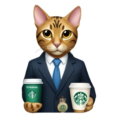 Bengal cat wearing a suit with a Merrill lynch employees badge holding a Starbucks coffee with its hands in a heart sticker