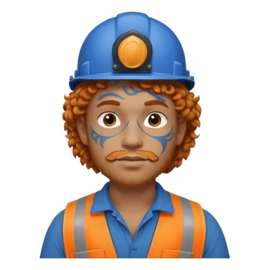 construction worker man ginger curly hair, blue helmet, very heavy dark face tattoo sticker