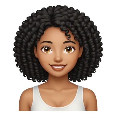 a young woman.She has voluminous, curly black hair that frames her face beautifully. Her skin tone is black light and glowing, and she has a subtle, natural makeup look. She’s smiling softly at the camera. She is wearing a white top sticker