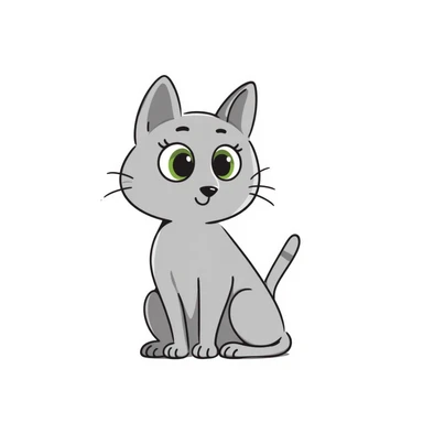 Elegant gray cat with smooth fur, large green eyes, serene attentive expression, sitting facing camera, soft lighting sticker