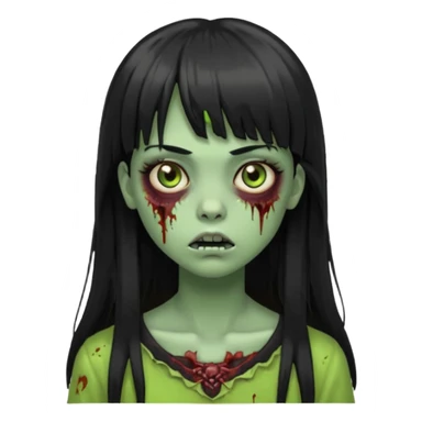 Zombie emoji girl, light green skin, black straight long hair with bangs sticker