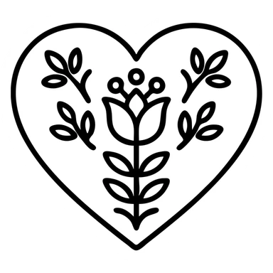 red heart with Slavic folk art nature motif, bright folk colors, simple and bold, black outline around the motif, gold border around heart, motif is clear at small size sticker
