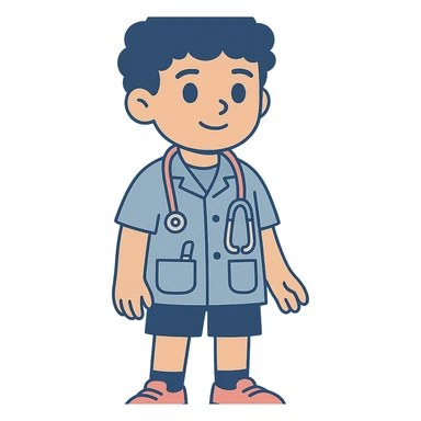 stylized 2D game character of a young boy doctor, 8–10 years old, curly brown hair, big brown eyes, light blue pediatrician shirt with pockets (pen and tongue depressor), pink and silver stethoscope, blue shorts, red sneakers, black socks, soft lighting, vibrant, wholesome, friendly, educational game vibe sticker