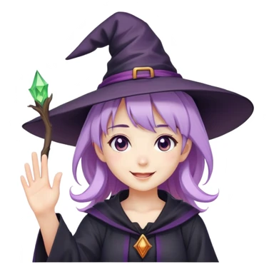 anime girl with lilac hair in a witch hat waving and smiling sticker