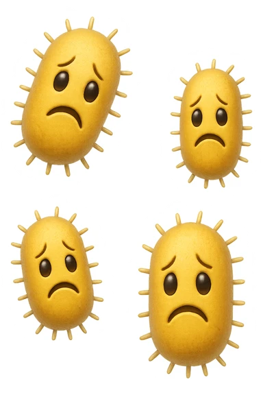 emoji stile iphone di batteri intestinali con espressione triste che fluttuano in aria, iperrealistico 4k, isolato su sfondo bianco sticker