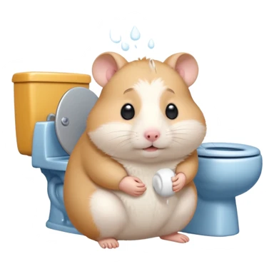 Cute chubby cartoon-style hamster sitting on toilet pooping looking as if he had an accident sticker