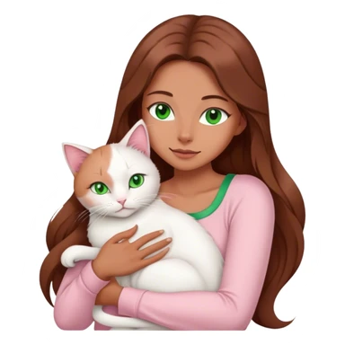woman with very long brown hair and green eyes in a light pink outfit hugging a white cat sticker