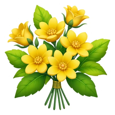 Generate a high-quality image of a bouquet of flowers dominated by yellow blooms, with a mix of green leaves, realistic colors and shading, smooth gradient colors, no human figures, no facial features, no brand markings, simple white background, high-resolution.
 sticker