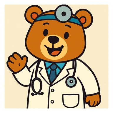 bear doctor, cartoon style, wearing a white coat and stethoscope, cheerful, vibrant toon style sticker
