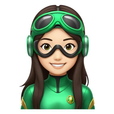 green Power Ranger, Asian girl with long straight dark brown hair, side part, big smile, scuba goggles sticker