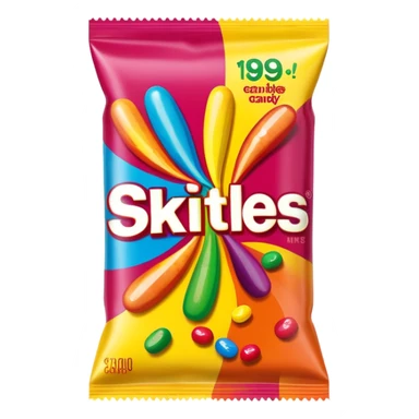 A Skittles candy package from the 1990s with extreme 90s American design, wild patterns, vibrant colors sticker