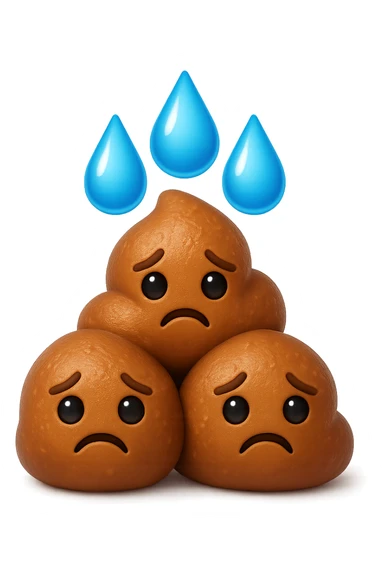 emoji stile iphone di una montagnetta di feci umane realistiche a palline tristi con sopra un simbolo delle gocce di acqua, iperrealistico 4k sticker