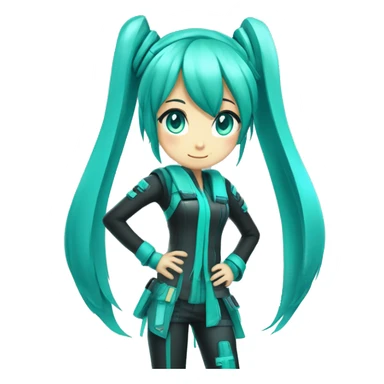 Hatsune Miku has long, turquoise green pigtails, a futuristic outfit, and striking teal eyes sticker