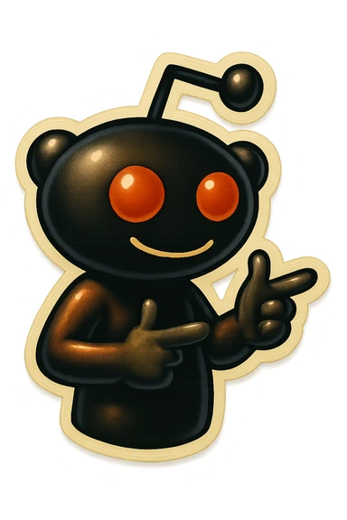 Edit the Reddit Snoo mascot to be doing finger guns, keeping the same style and proportions as the original. Use a simple background. sticker
