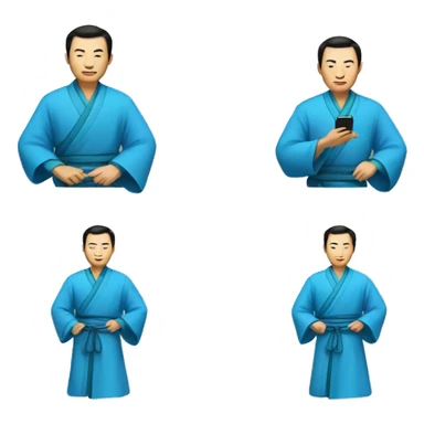 Chinese man in a blue robe makes an iPhone sticker