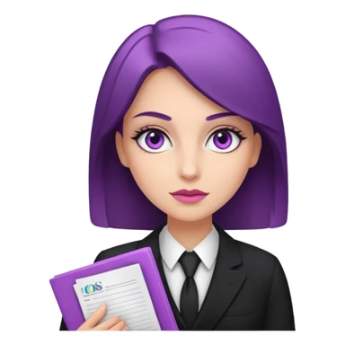 White woman with light purple eyes, with make up in black suit and documents  sticker