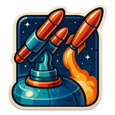 missile battery on a space station launching a missile, retro stickers style, close-up sticker