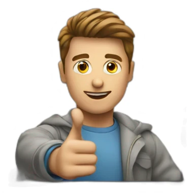 A person behind a laptop is pointing at the camera sticker