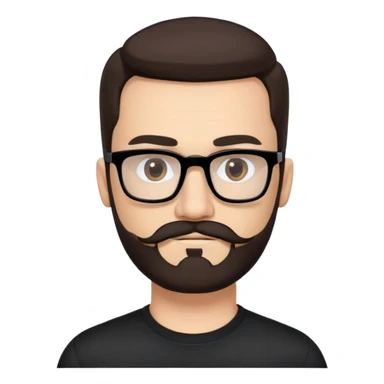 Caucasian male, long- hair straight dark brown hair combed back, thick dark eyebrows, rectangular black eyeglasses, full beard and mustache neatly groomed, neutral facial expression, wearing a black crew neck shirt. sticker