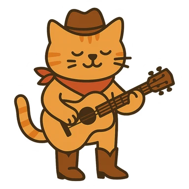 flat toon orange cowboy cat strumming an acoustic guitar, wearing cowboy boots and a bandana sticker