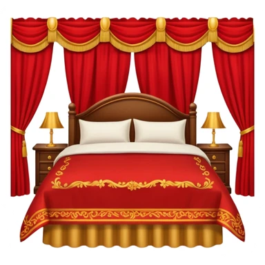bed with red and gold sheets, wooden, red courtains sticker